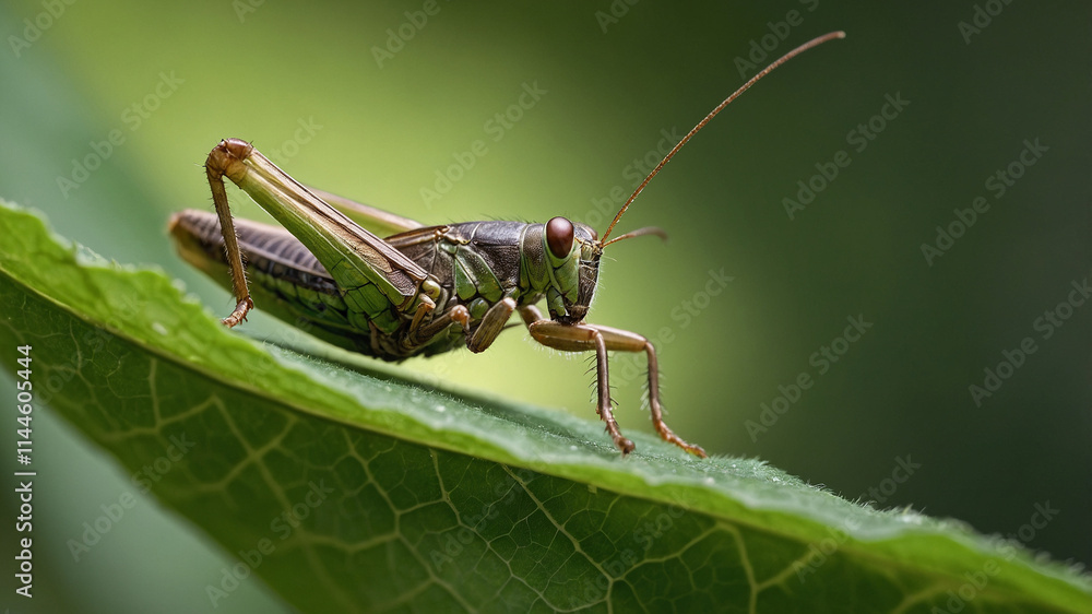 A close-up shot of a vibrant green grasshopper perched on a leaf A close-up shot of a vibrant green grasshopper perched on a leaf