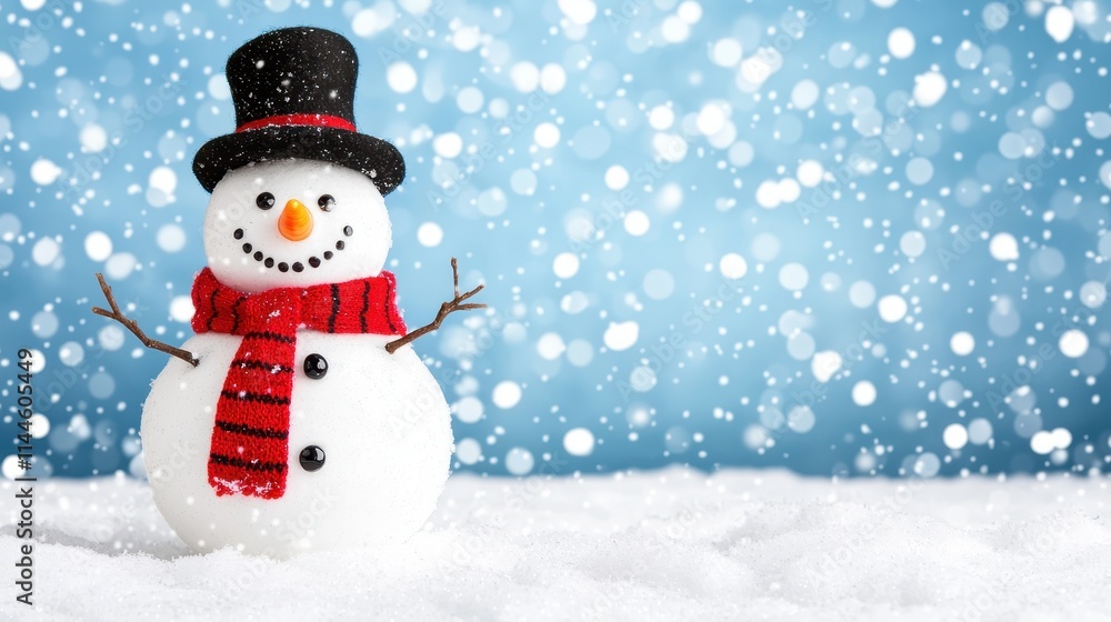Cheerful Snowman with Red Scarf and Black Hat in Winter Snow Cheerful Snowman with Red Scarf and Black Hat in Winter Snow