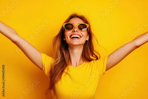 Joyful Woman in Sunglasses Posing Playfully Against Yellow