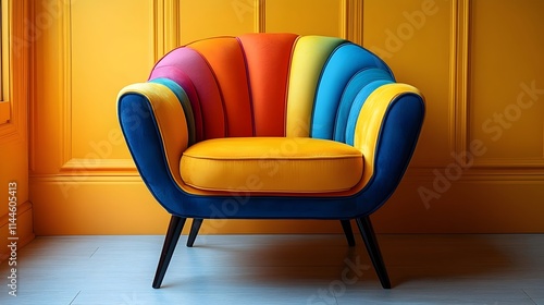 A colorful chair with a yellow seat and blue legs sits in front of a yellow wall photo