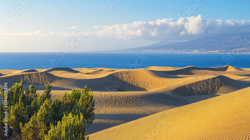 Fototapeta Naklejka Na Ścianę i Meble -  Golden sand dunes with distant ocean view in Gran Canaria Spain