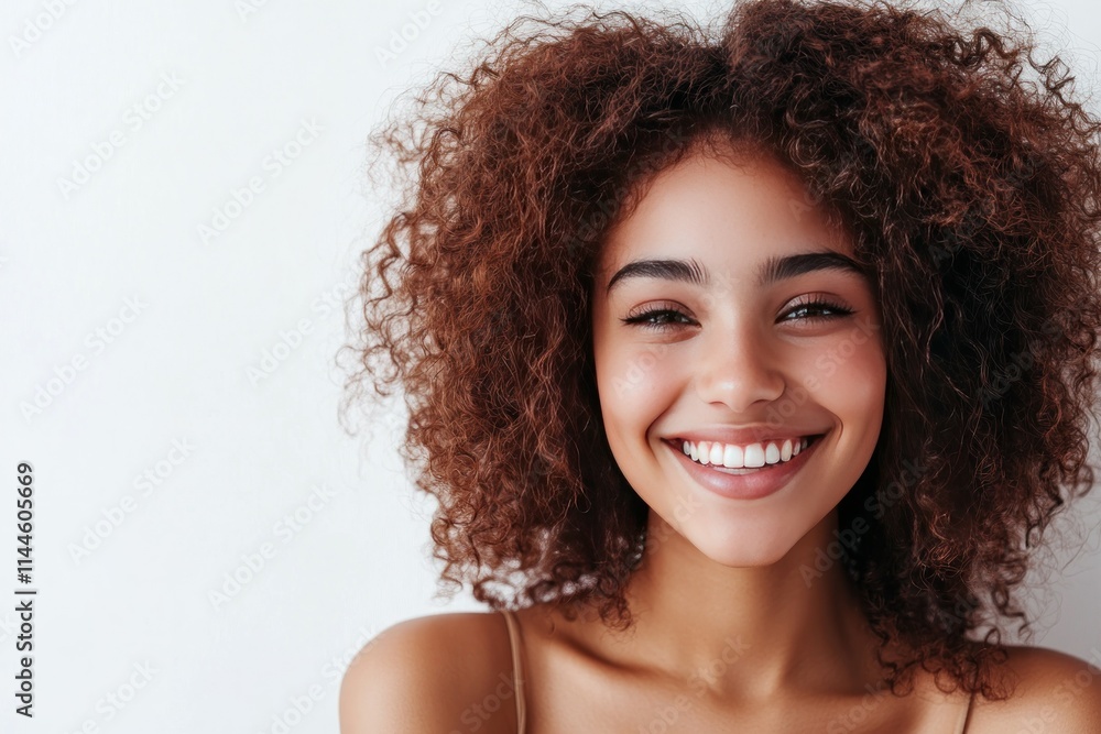 Joyful Young Woman with Beautiful Curly Hair Smiling Joyful Young Woman with Beautiful Curly Hair Smiling
