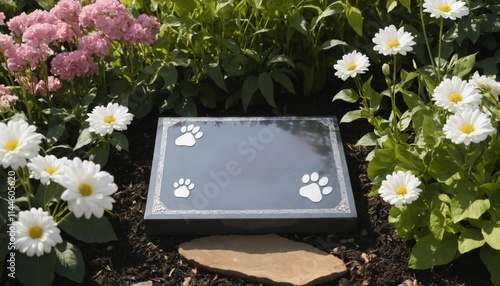 Memorial stone with paw prints surrounded by colorful flowers in a peaceful garden setting honoring a beloved pet’s farewell photo