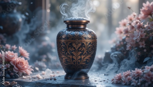 Somber farewell at a quiet cemetery with an ornate bronze urn for ashes surrounded by soft pink flowers and gentle smoke in a tranquil cemetery, symbolizing a heartfelt farewell to a loved one