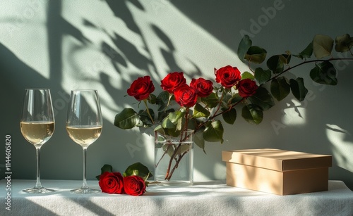 Elegant setup with two wine glasses, a bouquet of red roses, and a gift box o...