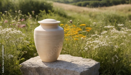 Ceremonial ceramic urn for ashes placed in a serene outdoor setting surrounded by flowers and greenery as a tribute to a loved one
