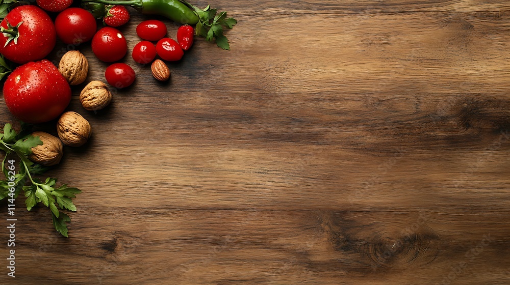 Fresh tomatoes walnuts placed atop dark wooden table photo wide shot. AI Generated Fresh tomatoes walnuts placed atop dark wooden table photo wide shot. AI Generated