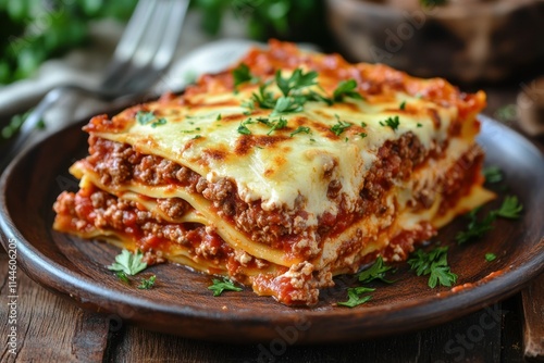 Delicious Homemade Lasagna on a Rustic Plate