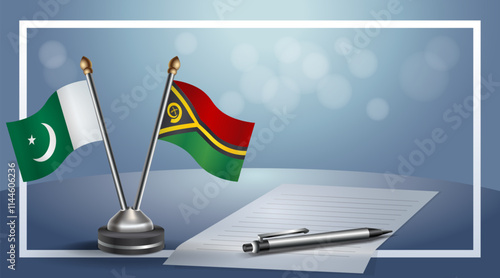 Pakistan and Vanuatu National flags on small table with bokeh background, cooperative relationship