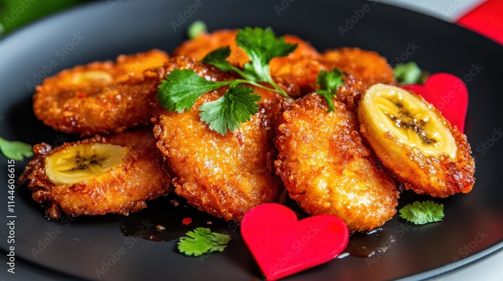 Delicious Crispy Fried Bananas with Garnish and Heart Shapes Delicious Crispy Fried Bananas with Garnish and Heart Shapes