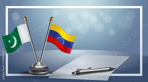 Pakistan and Venezuela National flags on small table with bokeh background, cooperative relationship
