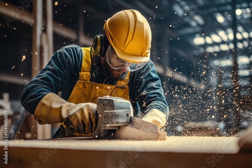 A construction worker in full protective gear including a yellow hard hat safety goggles and ear protection photo