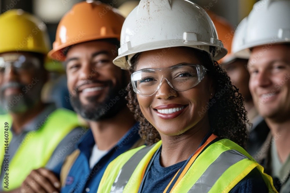 Obraz premium A diverse group of construction workers and engineers all wearing hard hats and high-visibility vests