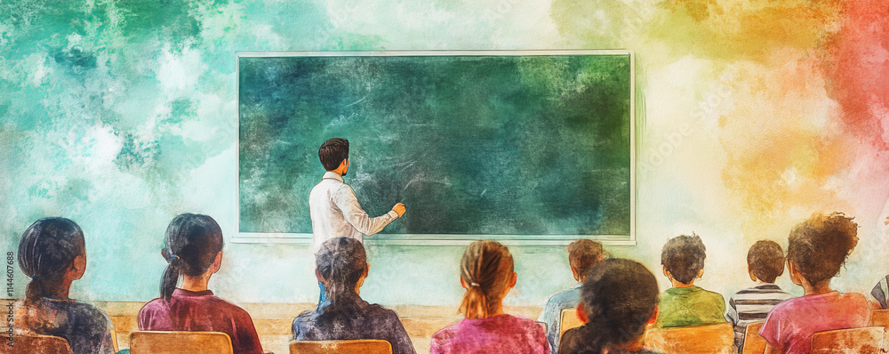 teacher stands at chalkboard in colorful classroom, engaging students seated in rows, fostering interactive and creative learning environment