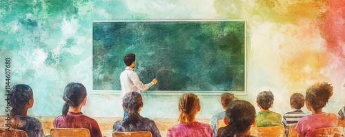 Obraz na płótnie teacher stands at chalkboard in colorful classroom, engaging students seated in rows, fostering interactive and creative learning environment w salonie