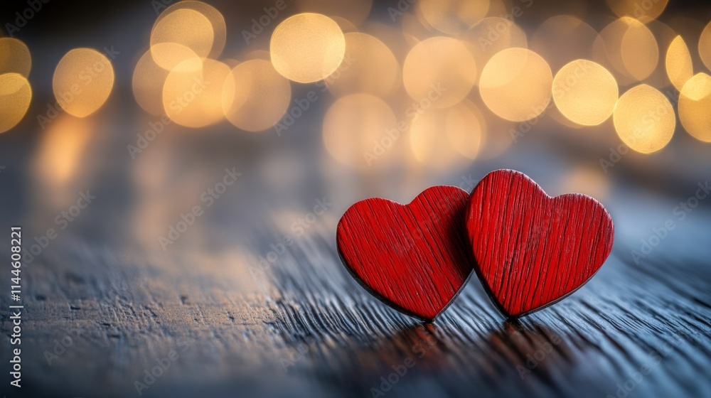 Two wooden red hearts placed close together on a surface with softly glowing lights in the background, creating Two wooden red hearts placed close together on a surface with softly glowing lights in the background, creating