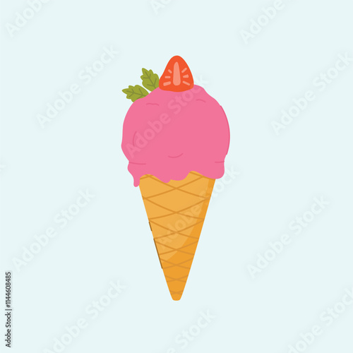 Ice cream in pink cone with strawberry topping, dessert, sweet street food for poster and web icon