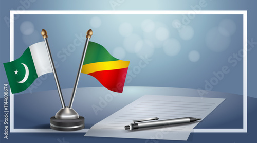 Pakistan and  Republic of North Congo National flags on small table with bokeh background, cooperative relationship