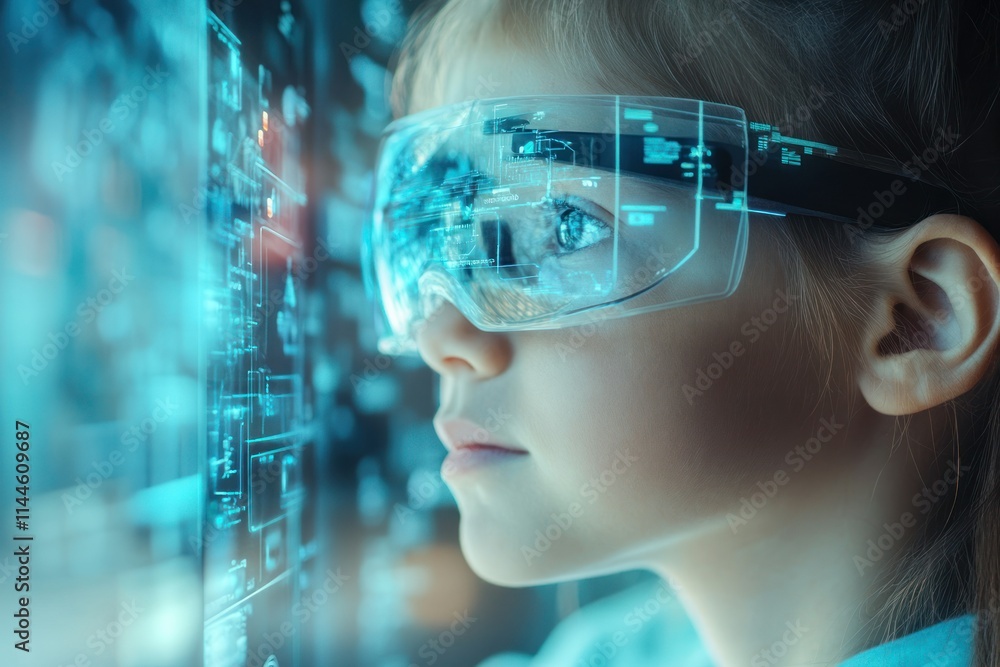Young Girl Exploring Futuristic Concepts with Smart Glasses Young Girl Exploring Futuristic Concepts with Smart Glasses