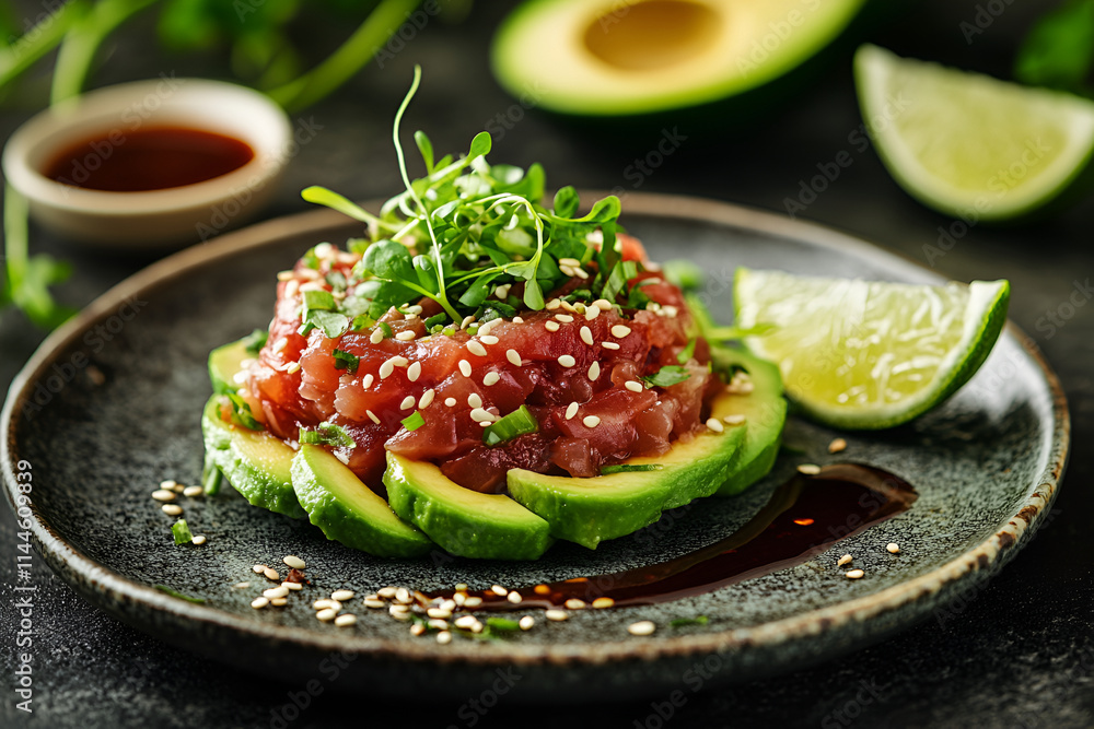 Tuna tartare with avacado and arugula on a gray plate with soy sauce and sesame seeds on a dark wooden table, close-up. Tuna tartare with avacado and arugula on a gray plate with soy sauce and sesame seeds on a dark wooden table, close-up.