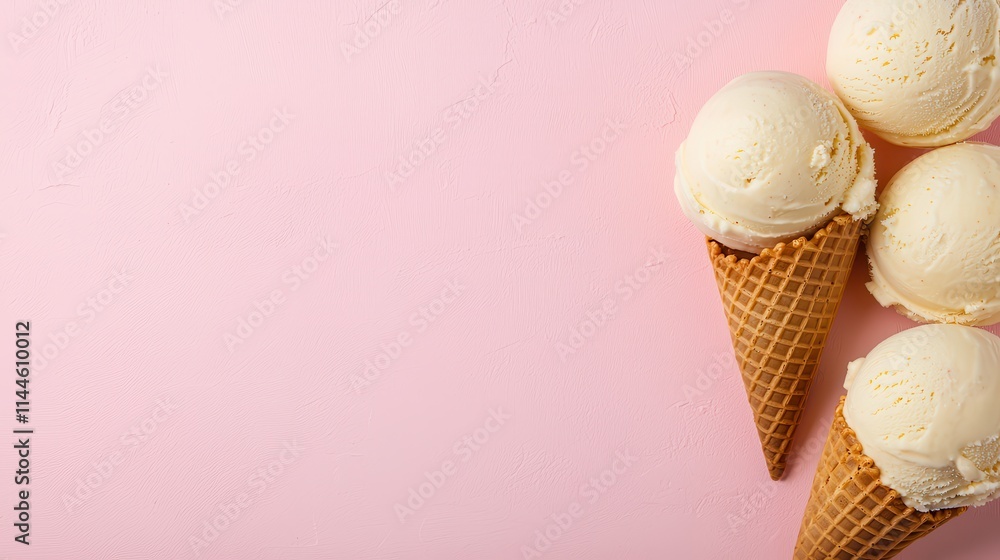 Three Ice Cream Cones with Vanilla Scoops on Pink Background Three Ice Cream Cones with Vanilla Scoops on Pink Background