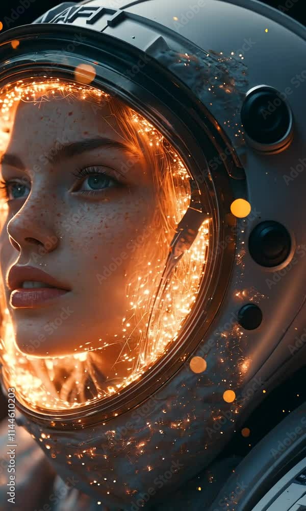 A close-up of a female astronaut with a glowing helmet, surrounded by sparkling particles. A close-up of a female astronaut with a glowing helmet, surrounded by sparkling particles.