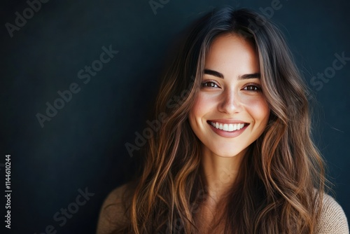 Joyful Woman with Long Wavy Hair Smiling Brightly