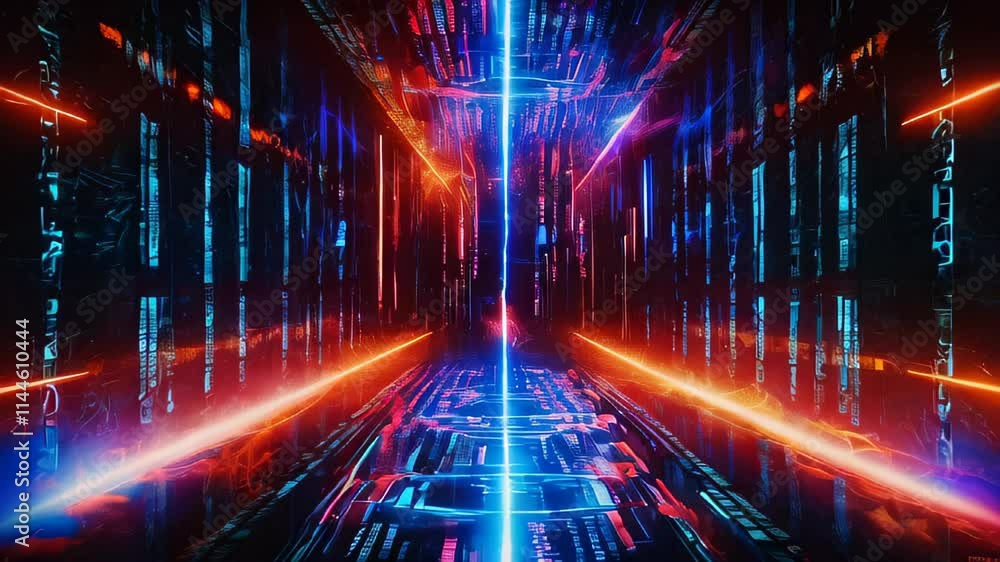 Bright neon lines create a tunnel. Futuristic neon background