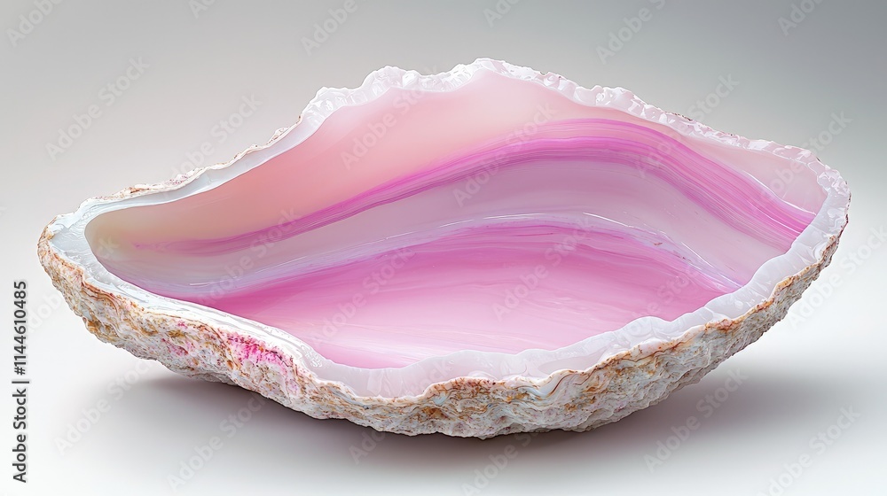 Polished pink agate geode, sliced and hollowed, showcasing internal banding and texture. Polished pink agate geode, sliced and hollowed, showcasing internal banding and texture.