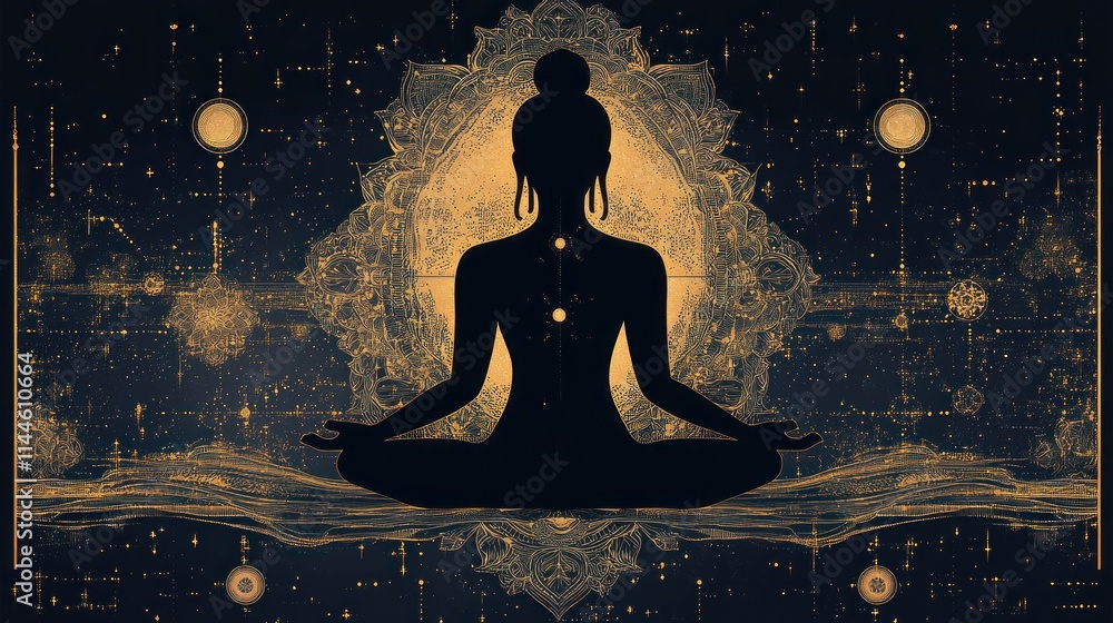 A silhouette of a meditating figure surrounded by cosmic elements, symbolizing mindfulness and tranquility. A silhouette of a meditating figure surrounded by cosmic elements, symbolizing mindfulness and tranquility.
