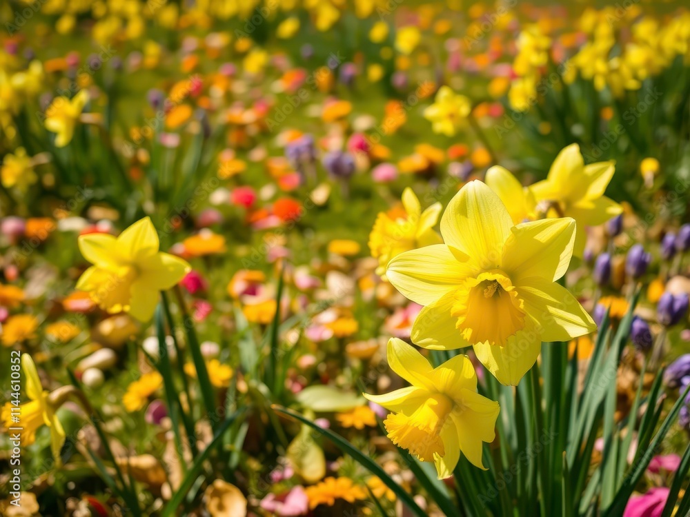 Obraz premium A beautiful field of vibrant yellow daffodil flowers in full bloom, outdoor, daffodils, petals
