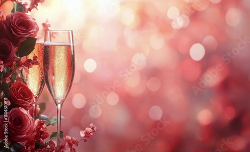 Celebratory moment with sparkling champagne and roses at a romantic outdoor g...
