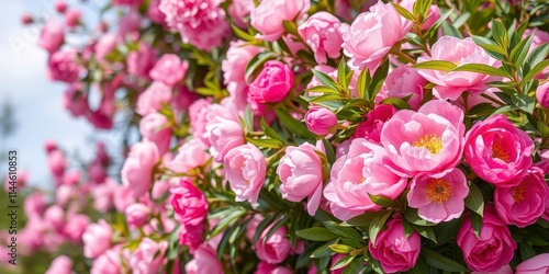 Fototapeta Naklejka Na Ścianę i Meble -  A beautiful bouquet of pink peonies and roses arranged in a fresh bunch with space for text, bright, flowers