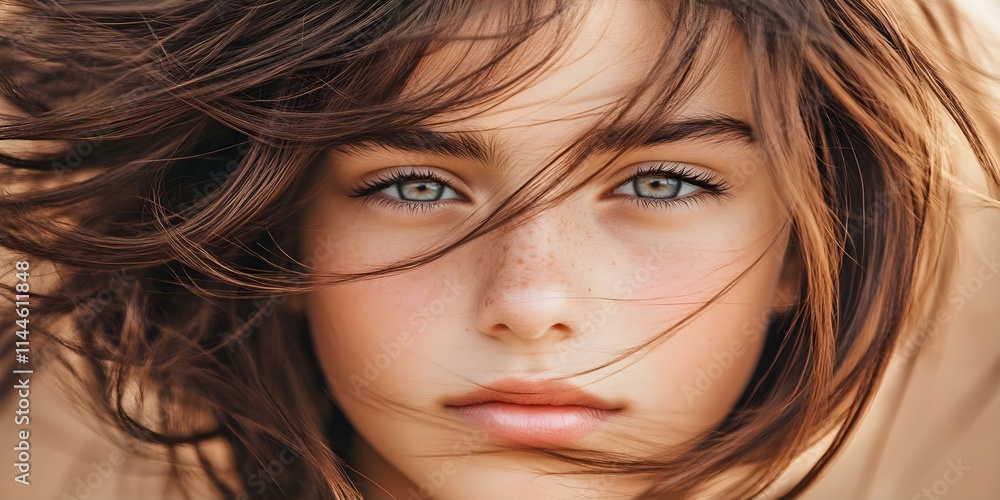 A young person with striking green eyes and tousled brown hair, capturing a natural and intense expression. Concept Youthful Portrait, Intense Expression, Striking Green Eyes, Tousled Brown Hair A young person with striking green eyes and tousled brown hair, capturing a natural and intense expression. Concept Youthful Portrait, Intense Expression, Striking Green Eyes, Tousled Brown Hair