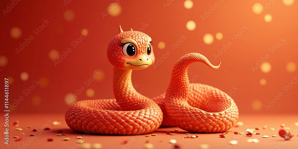 Fototapeta premium Golden and Red Cute Baby Dragon for a Child, Web Banner Celebrating the 2025 Chinese and Asian Year of the Dragon with Copy Space.