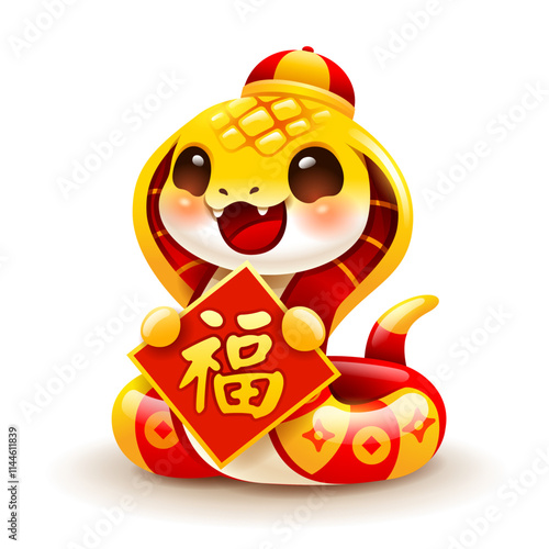Chinese New Year cute snake character with Chinese greeting symbol. Isolated. Translation - Good fortune.