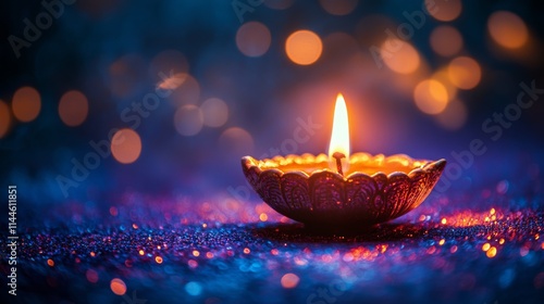 Vibrant diya illuminates dark space with a warm glow, enhancing the festive a...