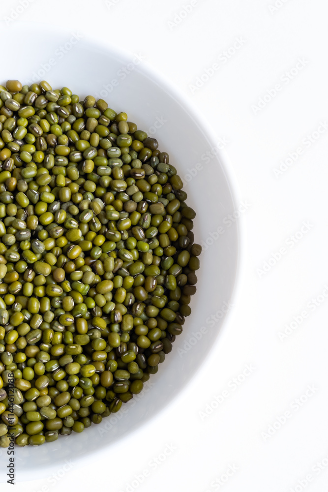 Top view of mung beans in white bow Top view of mung beans in white bow
