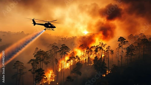 A helicopter drops water over a forest fire, as thick smoke billows from the burning trees. photo