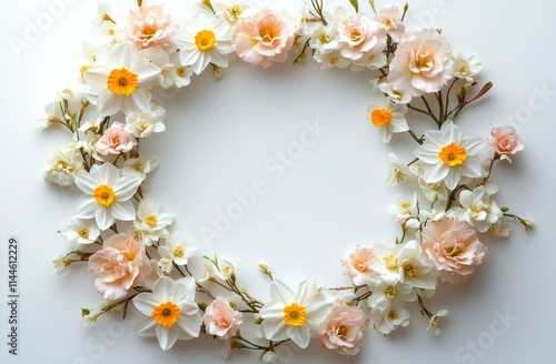 Fresh spring flowers arranged in a circular pattern on a white background per...