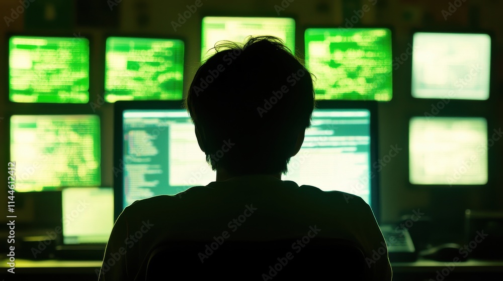 Individual Working Late at Night in a Dark Room Surrounded by Multiple Monitors Displaying Green Code and Data, Representing Cybersecurity and Technology Concepts Individual Working Late at Night in a Dark Room Surrounded by Multiple Monitors Displaying Green Code and Data, Representing Cybersecurity and Technology Concepts