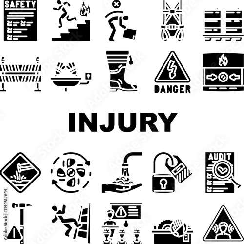 injury prevention safety icons set vector. protection exercise, stretching warmup, gear technique, balance posture, hydration injury prevention safety glyph pictogram Illustrations