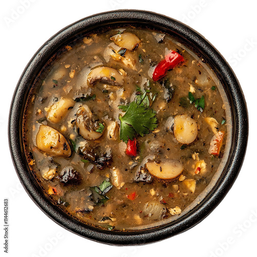 Top view of Doi Maach in a dark bowl isolated on a white transparent background photo