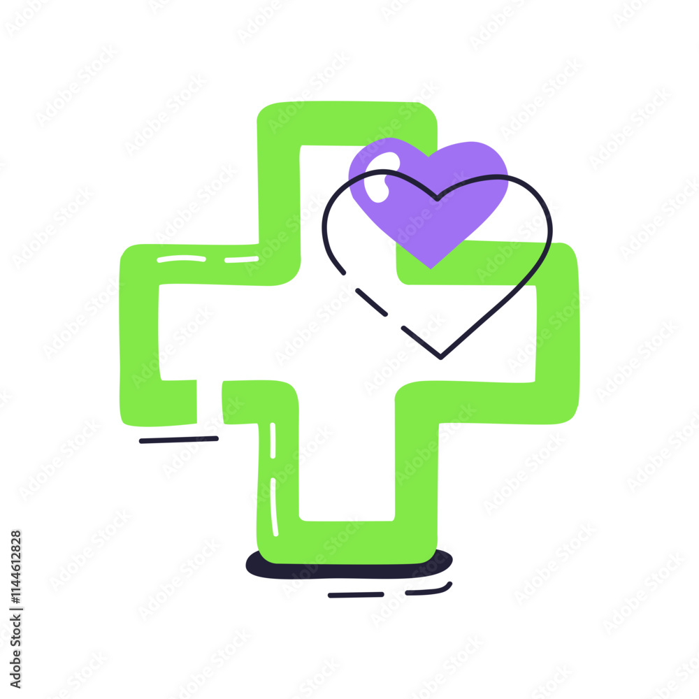 Green medical cross with a purple heart symbolizes health and care. Green medical cross with a purple heart symbolizes health and care.