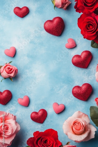 Romantic arrangement of roses and heart decorations on a blue textured backgr...