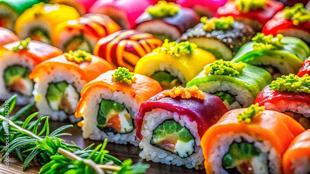Vibrant Sushi Roll Close-Up: Colorful Seafood & Vegetable Delights