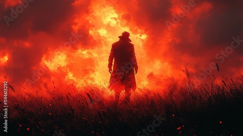 A silhouetted figure stands amidst a fiery backdrop, evoking themes of destruction and resilience.