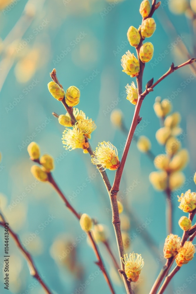 Fresh flower buds bloom on branches against a soft blue backdrop in early spring, showcasing nature's renewal Fresh flower buds bloom on branches against a soft blue backdrop in early spring, showcasing nature's renewal