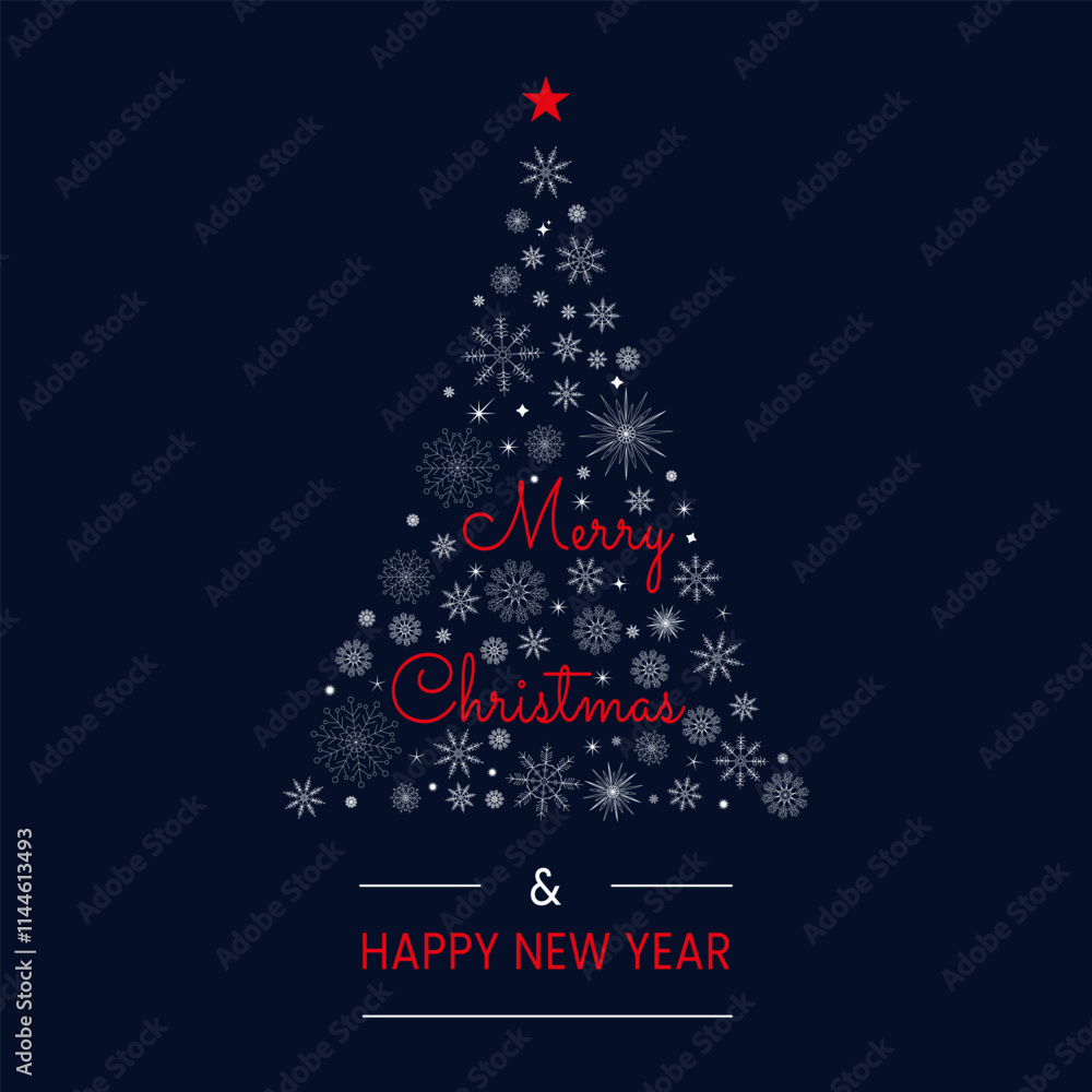 Merry Christmas and New Year background. Christmas tree with snowflakes. Minimalist Christmas banner template with abstract Christmas tree on dark blue background Merry Christmas and New Year background. Christmas tree with snowflakes. Minimalist Christmas banner template with abstract Christmas tree on dark blue background