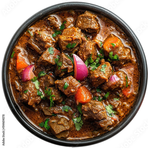 Top view of Hyderabadi Mutton Curry in a dark bowl isolated on a white transparent background photo